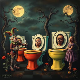 A surreal poster featuring an eerie scene of toilets with human heads emerging from the bowls, set in a whimsical yet unsettling environment