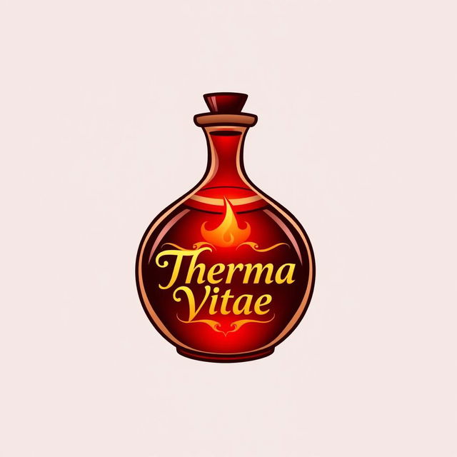 A logo design featuring a stylish red potion labeled "Therma Vitae"