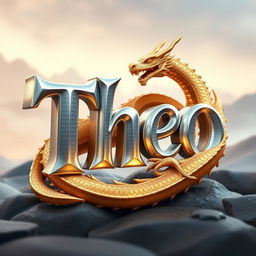 A three-dimensional representation of the word "Theo" in a regal silver color, beautifully crafted to convey a royal aura