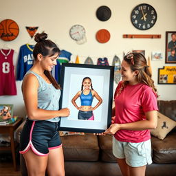 A vibrant scene in a family home, where two friends are looking at a framed photo of Ella, a twenty-year-old girl