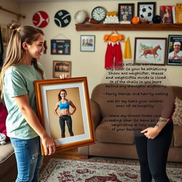 A vibrant scene in a family home, where two friends are looking at a framed photo of Ella, a twenty-year-old girl