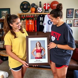 A vibrant scene in a family home, where two friends are looking at a framed photo of Ella, a twenty-year-old girl