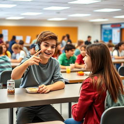 A lively school cafeteria scene, where a group of students are seated at tables