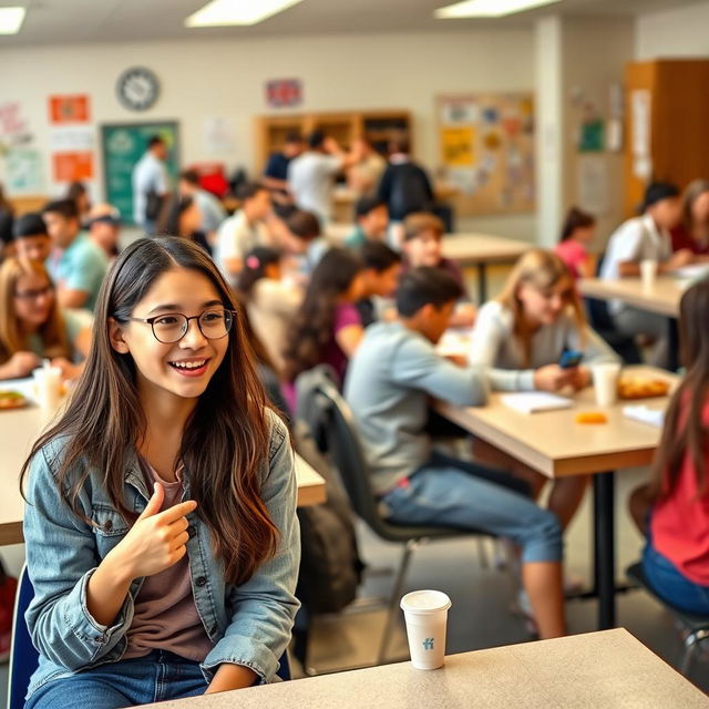 A lively school cafeteria scene, where a group of students are seated at tables