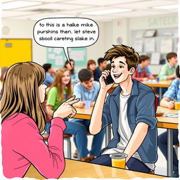 A lively school cafeteria scene, where a group of students are seated at tables