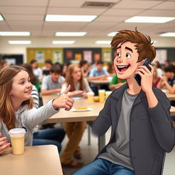 A lively school cafeteria scene, where a group of students are seated at tables