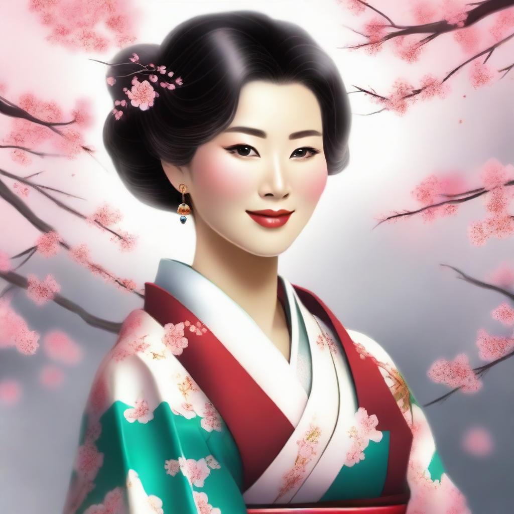 A high-quality digital art image, illustrating an elegant Asian woman in her mid-thirties