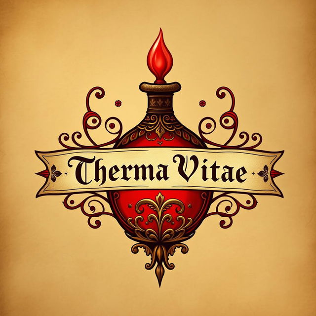 A medieval fantasy style logo featuring a red potion labeled "Therma Vitae"