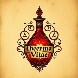 A medieval fantasy style logo featuring a red potion labeled "Therma Vitae"