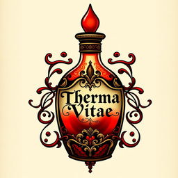A medieval fantasy style logo featuring a red potion labeled "Therma Vitae"