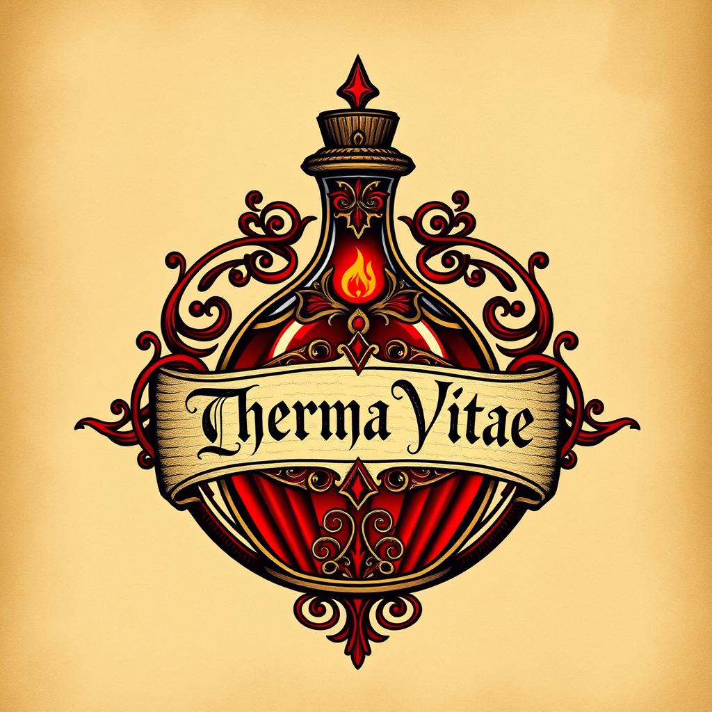 A medieval fantasy style logo featuring a red potion labeled "Therma Vitae"