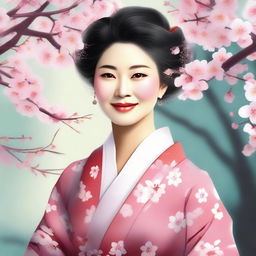 A high-quality digital art image, illustrating an elegant Asian woman in her mid-thirties