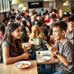 A vibrant school cafeteria scene bustling with activity, featuring a diverse group of students at lunch