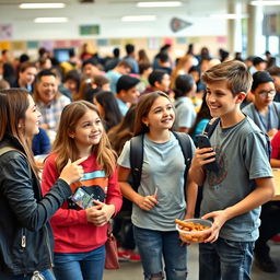 A vibrant school cafeteria scene bustling with activity, featuring a diverse group of students at lunch
