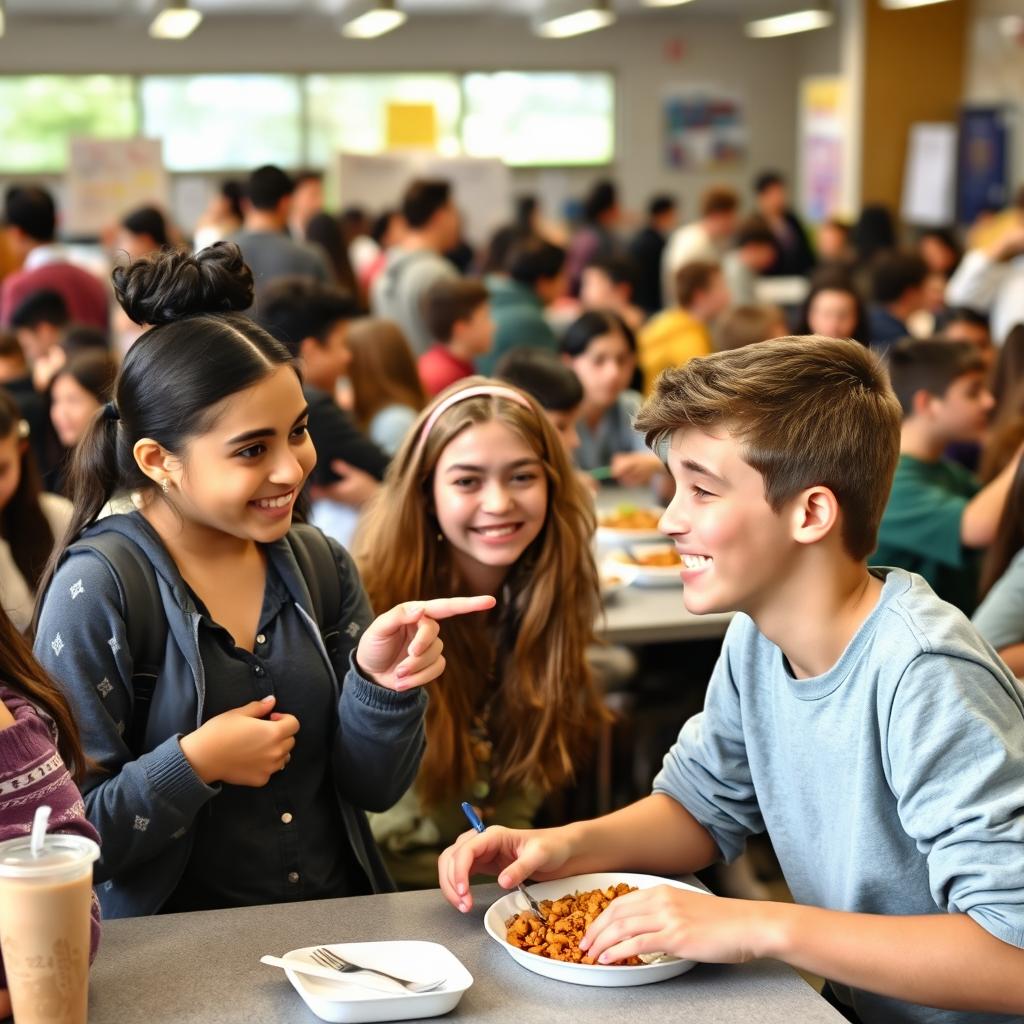 A vibrant school cafeteria scene bustling with activity, featuring a diverse group of students at lunch