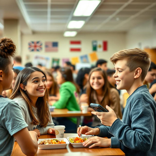 A vibrant school cafeteria scene bustling with activity, featuring a diverse group of students at lunch