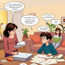 A conversation scene between a parent and child in a cozy, modern living room