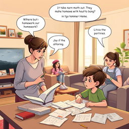 A conversation scene between a parent and child in a cozy, modern living room