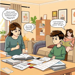 A conversation scene between a parent and child in a cozy, modern living room