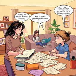 A conversation scene between a parent and child in a cozy, modern living room