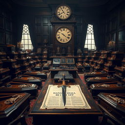 A dramatic scene featuring one hundred ornate coffins arranged in a formal office setting, designed with intricate details and luxurious materials