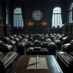 A dramatic scene featuring one hundred ornate coffins arranged in a formal office setting, designed with intricate details and luxurious materials