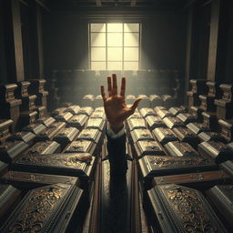 A dramatic and surreal scene depicting one hundred intricately designed coffins arranged in a dimly lit office environment