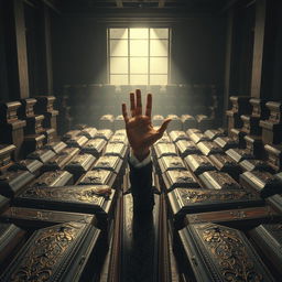 A dramatic and surreal scene depicting one hundred intricately designed coffins arranged in a dimly lit office environment