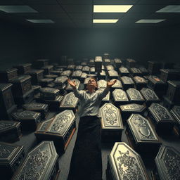 A dramatic and surreal scene depicting one hundred intricately designed coffins arranged in a dimly lit office environment