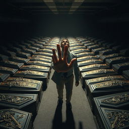 A dramatic and surreal scene depicting one hundred intricately designed coffins arranged in a dimly lit office environment