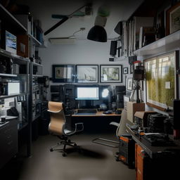 A well-organized photographer's office space filled with photography equipment, framed pictures, a massive desk with computer, and atmospheric lighting.