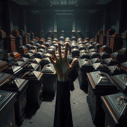 A dramatic and surreal scene depicting one hundred intricately designed coffins arranged in a dimly lit office environment