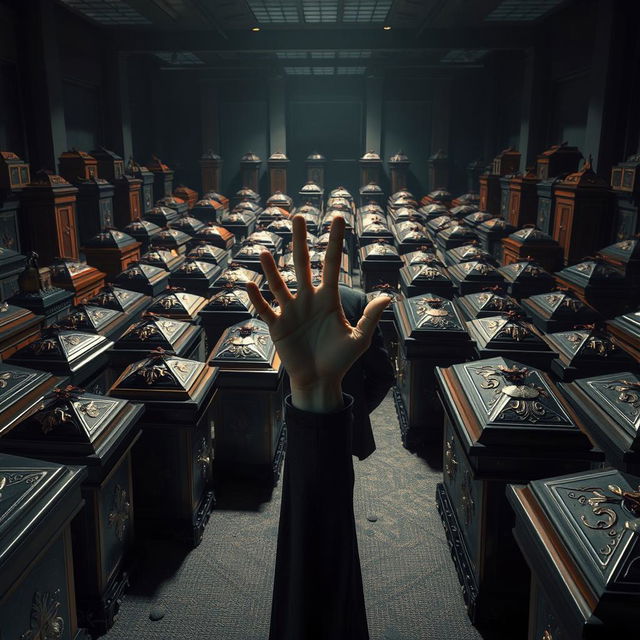 A dramatic and surreal scene depicting one hundred intricately designed coffins arranged in a dimly lit office environment