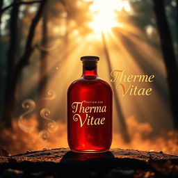 A captivating background image for a Google site featuring a mystical red warmth potion called 'Therma Vitae'