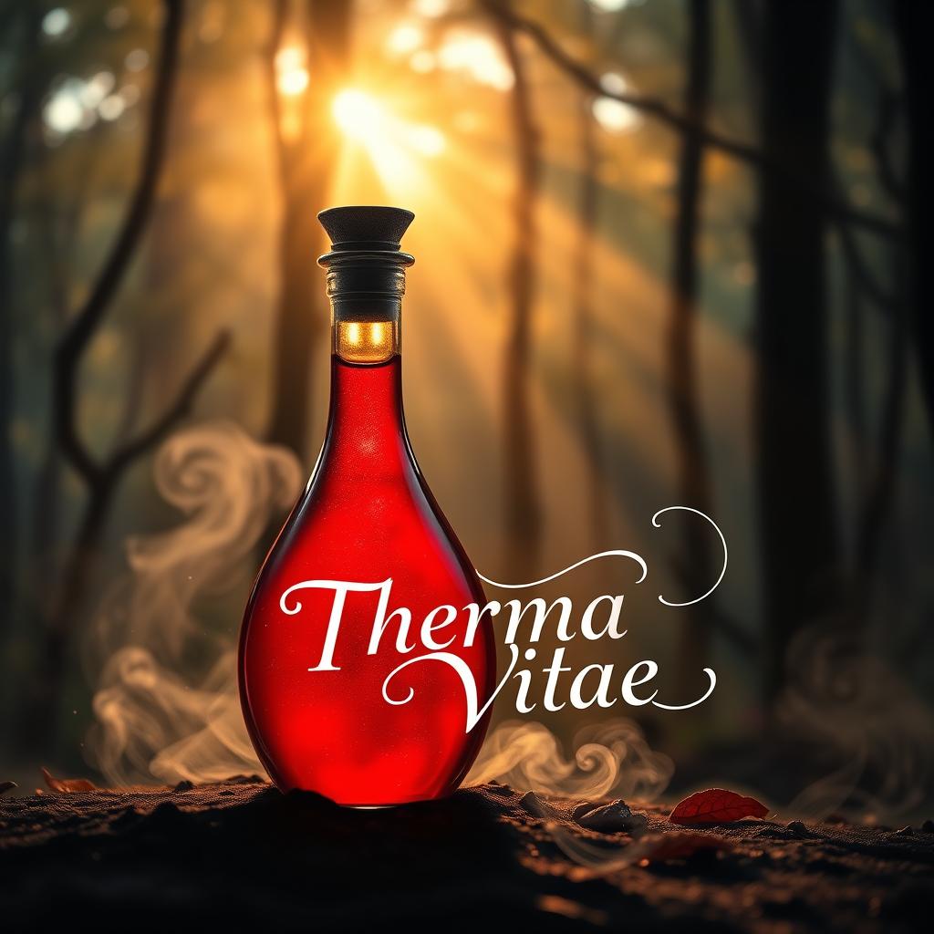 A captivating background image for a Google site featuring a mystical red warmth potion called 'Therma Vitae'