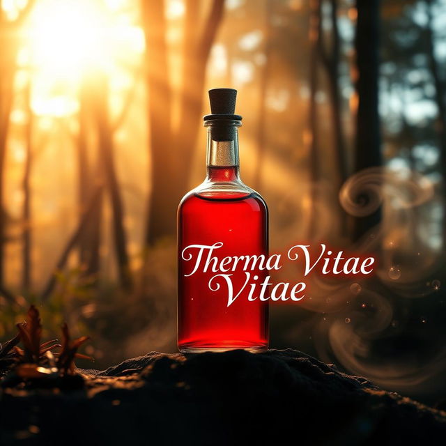 A captivating background image for a Google site featuring a mystical red warmth potion called 'Therma Vitae'