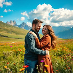 A romantic couple embracing in a stunning nature landscape, surrounded by lush green fields, towering mountains in the background, vibrant wildflowers in a rainbow of colors, and a clear blue sky with fluffy white clouds
