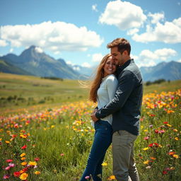 A romantic couple embracing in a stunning nature landscape, surrounded by lush green fields, towering mountains in the background, vibrant wildflowers in a rainbow of colors, and a clear blue sky with fluffy white clouds