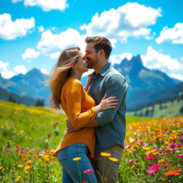 A romantic couple embracing in a stunning nature landscape, surrounded by lush green fields, towering mountains in the background, vibrant wildflowers in a rainbow of colors, and a clear blue sky with fluffy white clouds