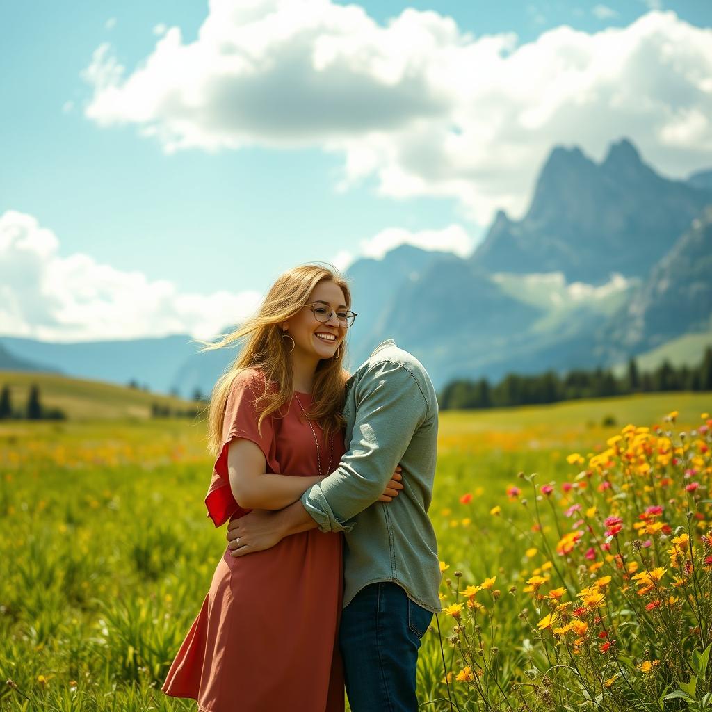 A romantic couple embracing in a stunning nature landscape, surrounded by lush green fields, towering mountains in the background, vibrant wildflowers in a rainbow of colors, and a clear blue sky with fluffy white clouds