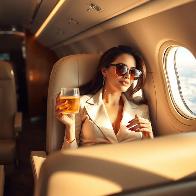 A glamorous woman sitting inside an airplane, wearing a stylish outfit and sunglasses, relaxing in a comfortable airplane seat