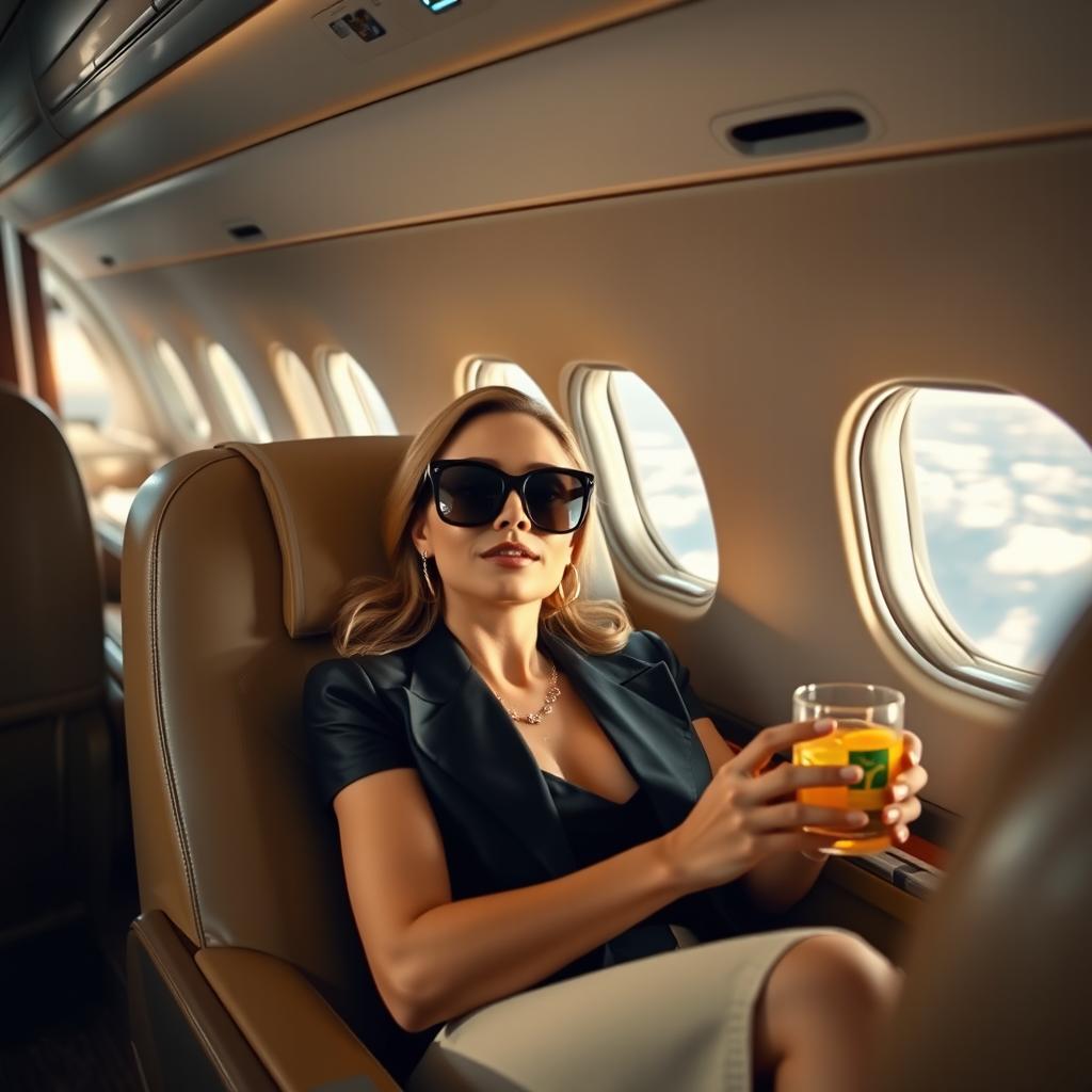 A glamorous woman sitting inside an airplane, wearing a stylish outfit and sunglasses, relaxing in a comfortable airplane seat