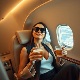 A glamorous woman sitting inside an airplane, wearing a stylish outfit and sunglasses, relaxing in a comfortable airplane seat