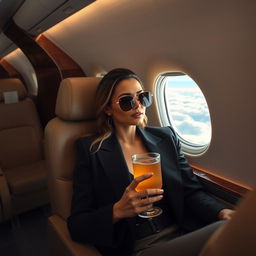A glamorous woman sitting inside an airplane, wearing a stylish outfit and sunglasses, relaxing in a comfortable airplane seat