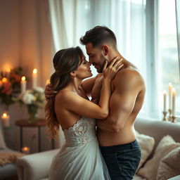 A sensual and intimate scene portraying a couple in a passionate embrace, their bodies intertwined, exuding a deep connection