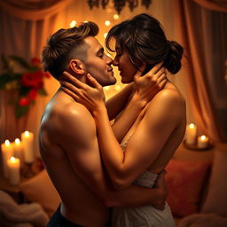 A sensual and intimate scene portraying a couple in a passionate embrace, their bodies intertwined, exuding a deep connection