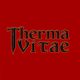 A logo featuring the words 'Therma Vitae' in bold black letters set against a rich red background