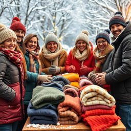 A warm and cozy scene featuring a group of people joyfully distributing warm winter clothing