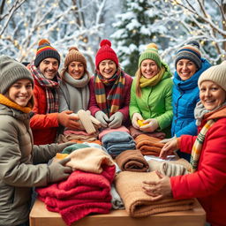 A warm and cozy scene featuring a group of people joyfully distributing warm winter clothing