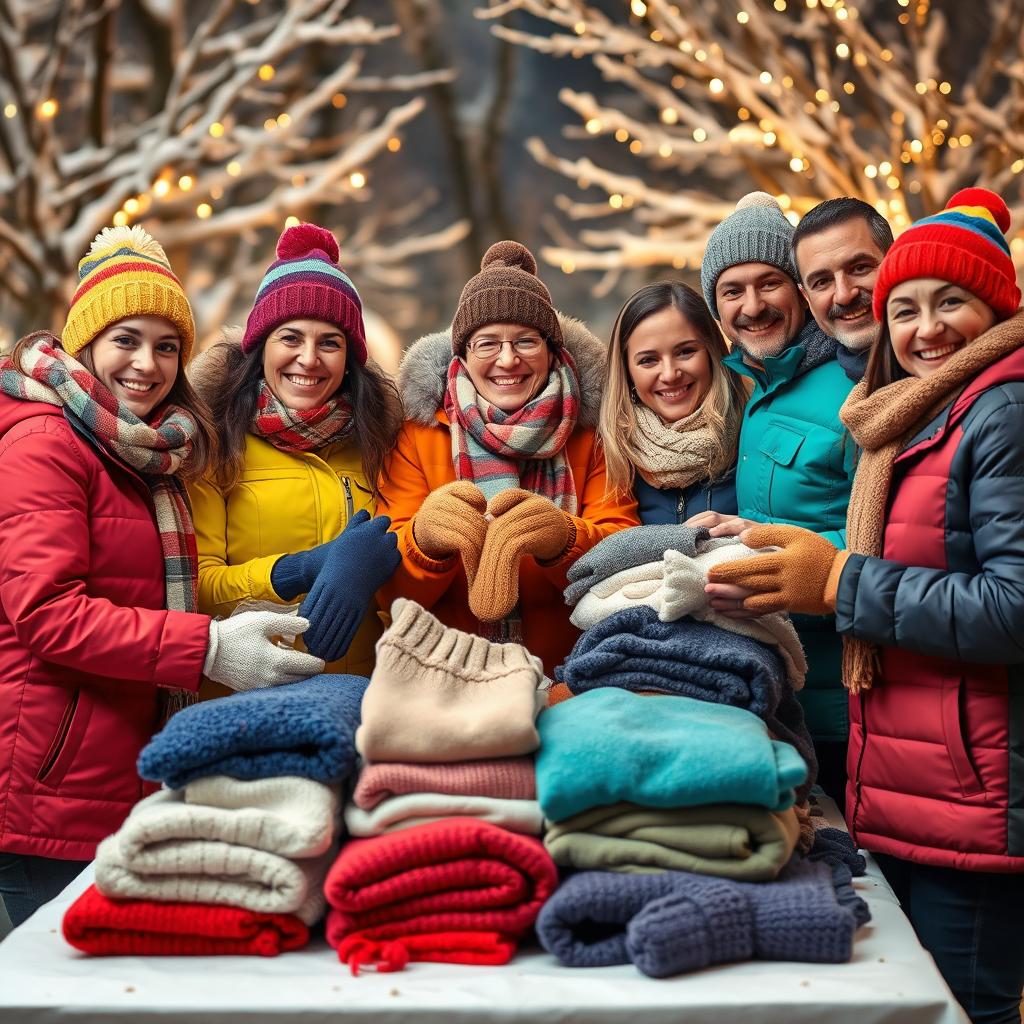 A warm and cozy scene featuring a group of people joyfully distributing warm winter clothing
